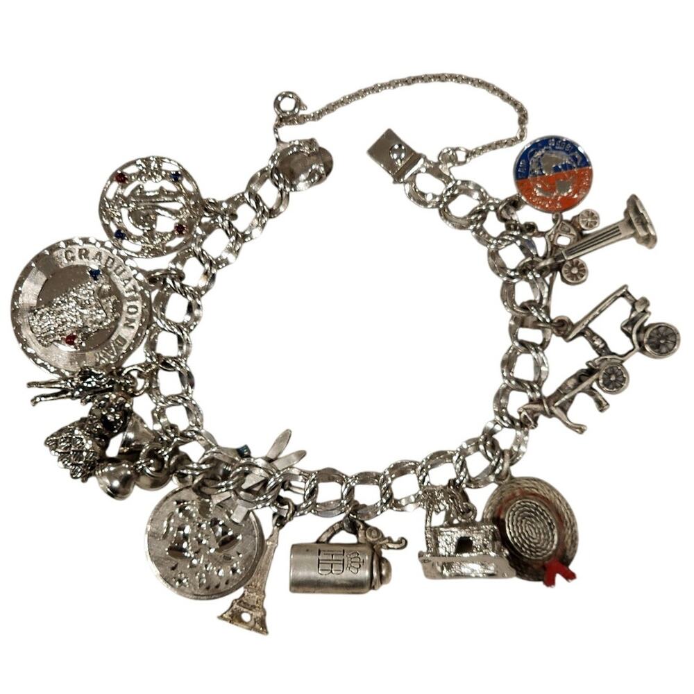 Sterling Silver Vintage Charm Bracelet | 14 Charms Travel & Life Theme